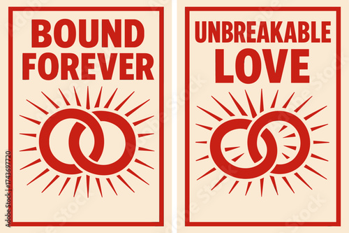 Unbreakable Rings Design. Commitment. Two vertical A6 banners with safe margins, centered composition, no elements touching edges, bold style, red and beige,
