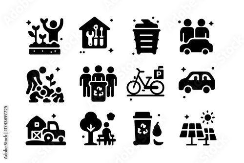 Community Sustainability Icons. Community Sustainability. Solid icons set of Community Sustainability: community garden, tool library, composting bin, shared