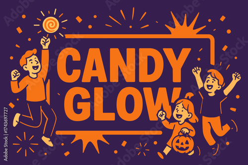 Candy Celebration Banner. CandyGlow banner, flat vector illustration, bold oversized text inside rectangular frame, cartoon characters jumping and cheering