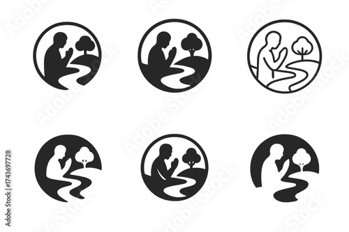 Spiritual Nature Logos. Prayer in nature. Set Logo of Spirituality: river with person praying on the bank. harmonious logo variations of the same emblematic