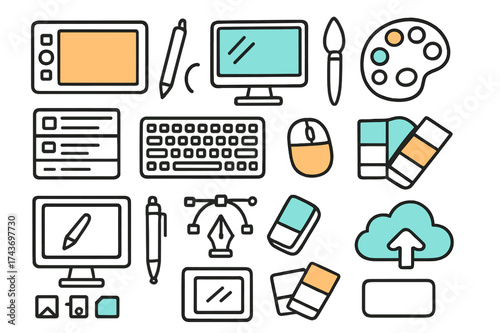 Art Tech Doodles. Art Tech. Hand-drawn doodle illustration art tech tablet (accented), stylus, computer monitor (accented), paintbrush, color palette