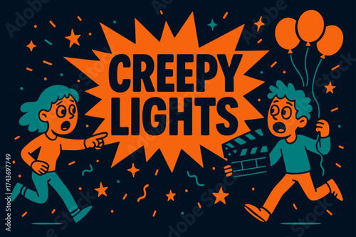 Creepy Lights Chaos. Creepy Lights banner, flat vector illustration, bold oversized text inside splash explosion, cartoon characters running and pointing,