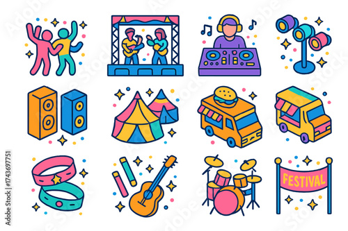 Festival Vibes Icons. Festival vibes. Colorful isometric vector icons set of festival vibes: crowd dancing, stage with performers, DJ booth, lights, speakers,