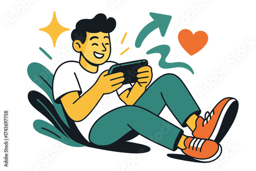 Joyful Handheld Gaming. Casual gaming. Person glowing while playing handheld console in relaxed position. Floating icons of sparkle, arrow, and heart showing