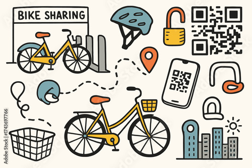 Bike Sharing Illustration. Bike Sharing. Hand-drawn doodle illustration docking station (colored), bicycle, QR code (colored), smartphone, lock (colored), map
