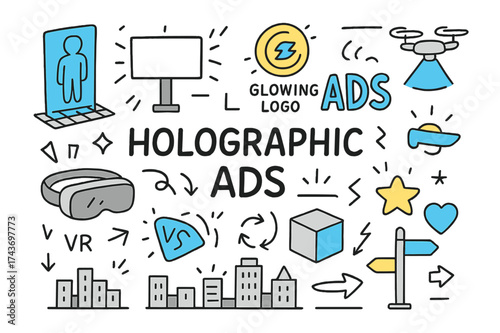 Holographic Billboard Display. Holographic Ads. Hand-drawn doodle illustration hologram screen (colored), digital billboard, glowing logo (colored), neon