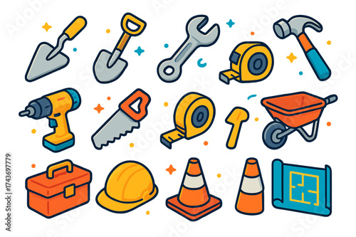 Colorful Construction Tools Icons. Construction site tools. Colorful isometric vector icons set of construction site tools: trowel, shovel, wrench, hammer,