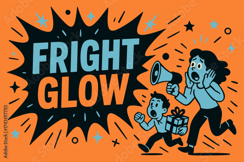 Fright Glow Explosion. Fright Glow banner, flat vector illustration, bold oversized text inside splash explosion, cartoon characters running and shouting at