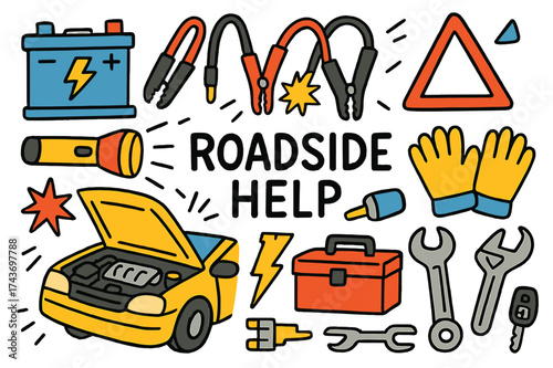 Roadside Assistance Doodles. Roadside Help. Colorful Hand-drawn doodle Children illustration Roadside Help car battery, jumper cables, warning triangle,