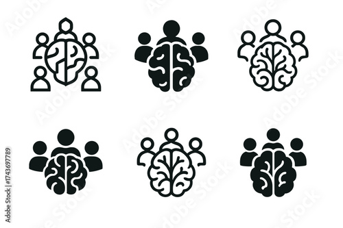 Collaborative Brain Logos. Collaboration in creative teams. Set Logo of shared brain: multiple figures contributing to one brain symbol. harmonious logo