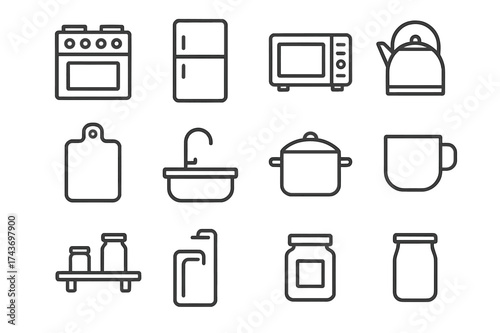 Compact Kitchen Icons. Compact kitchen. Line icon set of compact kitchen: stove, refrigerator, microwave, kettle, cutting board, sink, pot, cup, shelf, storage