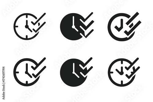 Clock Task Logos. Improving your ability to multitask. Set Logo of clock and tasks: clock combined with multiple checkmarks. harmonious logo variations of the