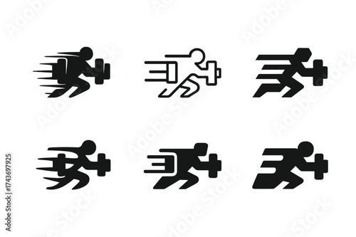 Athlete Dumbbell Logos. High-performance training for athletes. Set Logo of dumbbell icon: stylized dumbbell with athlete motion lines. harmonious logo