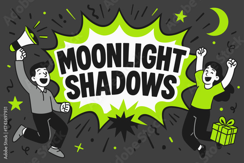 Moonlight Shadows Banner. Moonlight Shadows banner, flat vector illustration, bold oversized text inside comic burst, cartoon characters jumping and shouting