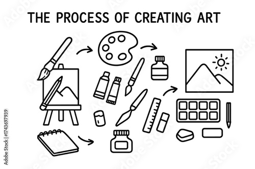 Art Creation Essentials. The Process of Creating Art. Hand-drawn doodle illustration the process of creating art paintbrush, palette, pencil, easel, canvas,