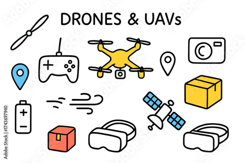 Drones & Gadgets Doodle. Drones & UAVs. Hand-drawn doodle illustration quadcopter (colored), propeller, controller (colored), camera, map pin (colored),