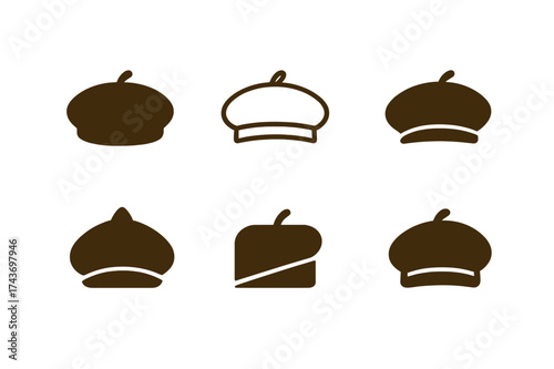 Beret Logo Variations. Fall fashion accessories (gloves, hats, boots). Set Logo of beret: chic rounded hat design. harmonious logo variations of the same