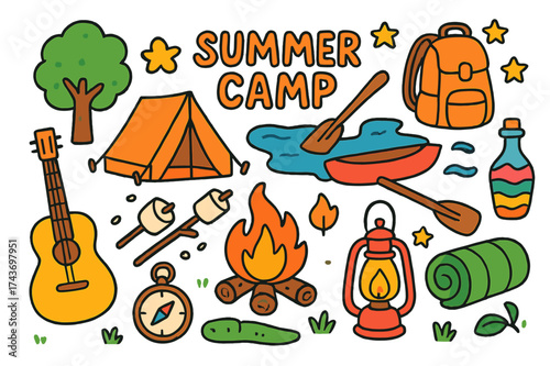 Summer Camp Icons. Summer camp. Colorful Hand-drawn doodle Children illustration Tent, campfire, backpack, lantern, marshmallows, guitar, lake, tree, canoe,