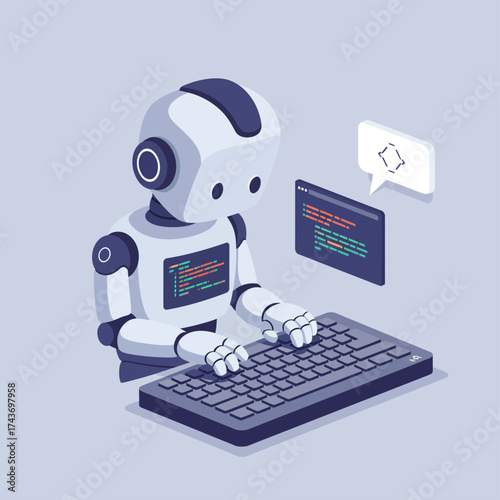 A cute robot android programmer diligently typing on a keyboard, writing code for software development.