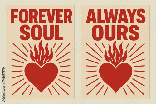 Forever Soul, Always Ours. Commitment. Two vertical A6 banners with safe margins, centered composition, no elements touching edges, bold style, red and beige,