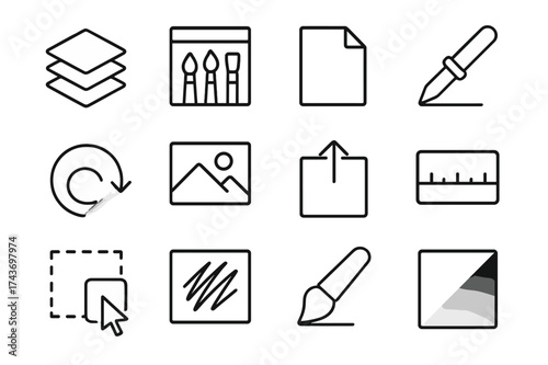 Art Workflow Icons. Art workflow. Line icon set of Art workflow: layers panel, brush selection, canvas, color picker, undo button, reference image, export