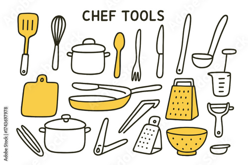 Chef Tools Doodle. Chef Tools. Hand-drawn doodle illustration chef tools spatula (accented), whisk, ladle, spoon (accented), fork, knife, cutting board