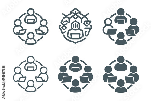 Digital Learning Icons. Students using laptops and tablets in classrooms. Set Logo of digital circle: group of learners connected by device screens. harmonious