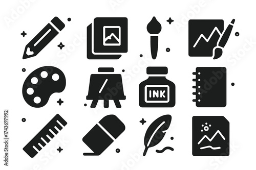 Art Tools Icons. Art and sketching. Solid icons set of Art and sketching: pencil, pen, sketch page, paintbrush, palette, canvas, ink bottle, notebook, ruler,