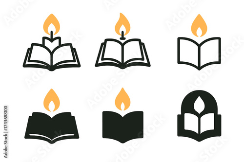 Cozy Reading Logos. Reading by candlelight. Set Logo of Cozy reading: flame illuminating text. harmonious logo variations of the same emblematic concept, each