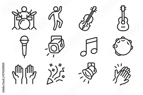Music Dance Icons. Music and Dance Fusion. Line icon set of Music and Dance Fusion: drummer, dancer, violin, guitar, microphone, stage light, music note,