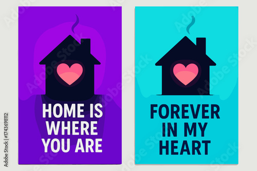Cozy Home Banners. Home. Two vertical A6 banners, modern, neon purple and cyan backgrounds, cozy house silhouette with glowing heart-shaped window and steam
