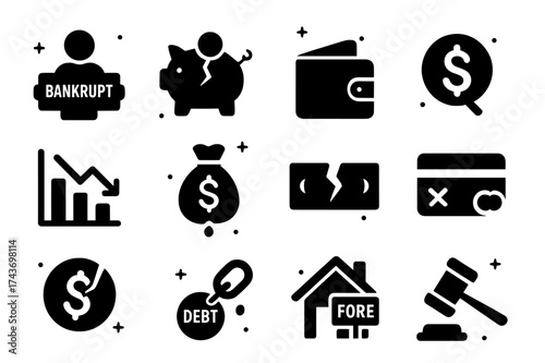 Bankruptcy Icons Collection. Bankruptcy concept. Solid icons set of person holding bankrupt sign, broken piggy bank, empty wallet, dollar with slash, falling