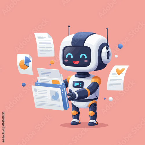 A cute cartoon robot character happily organizing and processing digital documents, files, and data with a friendly smile.