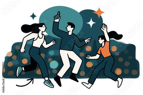 Vibrant City Nightlife. Blurred city lights. Glowing skyline with hazy neon reflections. Floating circle and sparkle icons showing vibrancy and nightlife mood.