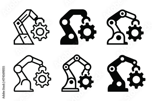 Business Automation Logos. Artificial intelligence in business. Set Logo of automation gear: robotic arm interacting with cogwheels. harmonious logo variations