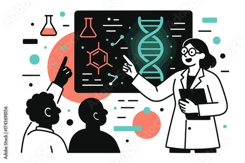 Futuristic DNA Presentation. Scientific Conference. A researcher presenting glowing DNA strands and chemical icons on a digital screen, abstract data floating