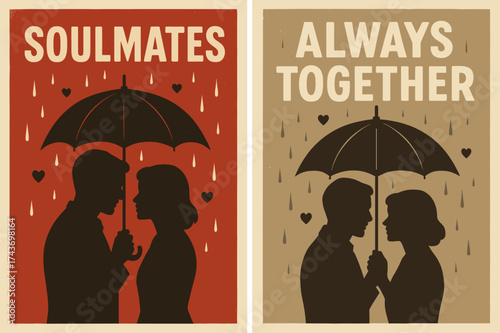 Soulmates Under Umbrella. Soulmates. Two vertical A6 banners, retro, red and beige backgrounds, two silhouettes sharing an umbrella with soft raindrops and