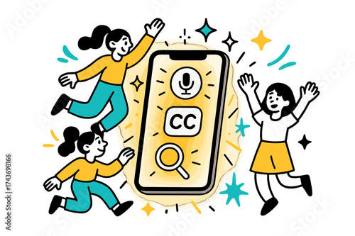 Empowering Assistive Technology. Assistive apps. A phone glowing with accessibility icons?voice control, captions, magnifier?abstract sparks floating around
