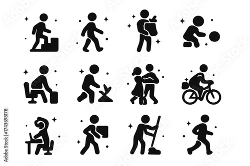 Daily Exercise Icons. Benefits of physical exercise daily life. Solid icons set of stairs climbing, walking person, grocery bag lift, child play, pet walk,