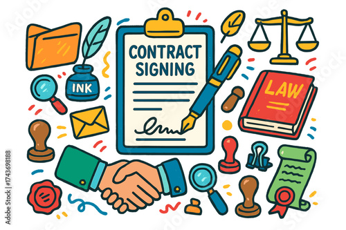 Colorful Contract Doodles. Contract Signing. Colorful Hand-drawn doodle Children illustration Contract Signing document with signature, pen, ink bottle,