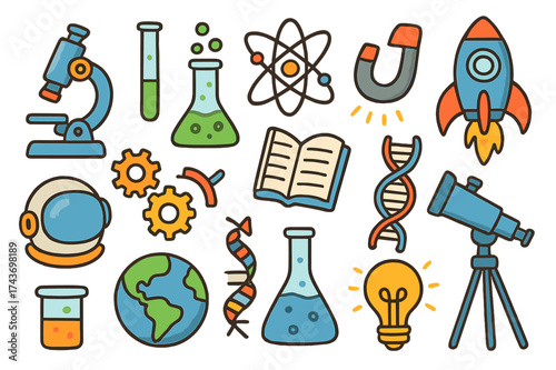 Colorful Science Doodles. Science. Colorful Hand-drawn doodle Children illustration Microscope, test tube, atom, DNA, magnet, rocket, astronaut helmet, gears,