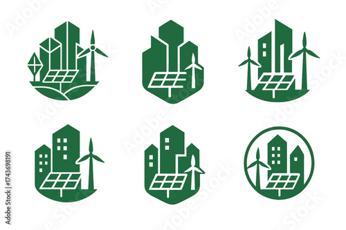 Sustainable City Logos. Renewable energy technologies and sustainability. Set Logo of sustainable city: buildings with solar panels and turbines. harmonious