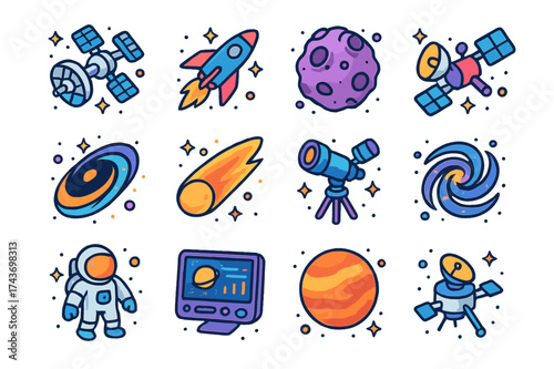 Space Exploration Icons. Deep Space. Colorful isometric vector icons set of deep space: orbital station, starship, asteroid, satellite, black hole, comet,