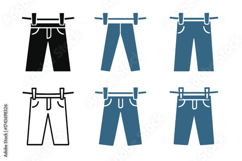 Laundry Logo Variations. Hanging up clothes immediately after laundry. Set Logo of Hanging up clothes immediately after laundry: Jeans on
