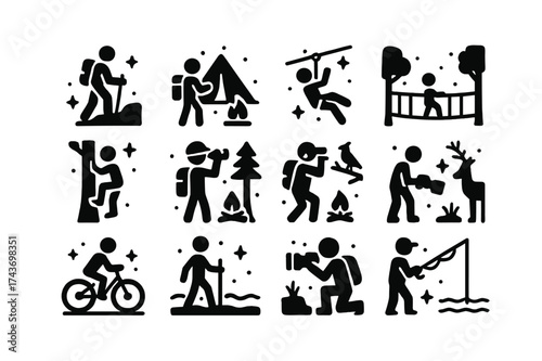 Outdoor Adventure Icons. Forest Adventures. Solid icons set of hiking, camping, zip lining, canopy walk, tree climbing, bird watching, bushcraft, mountain