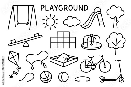 Playground Doodles. Playground. Hand-drawn doodle illustration playground swing, slide, seesaw, jungle gym, merry-go-round, sandbox, ball, kite, jump rope,