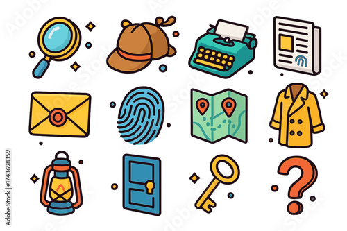 Mystery Icons Collection. Mystery Novel. Colorful isometric vector icons set of mystery novel: magnifying glass, detective hat, typewriter, newspaper, clue