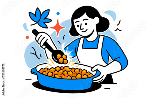 Thanksgiving Stuffing Delight. Thanksgiving Prep. A glowing casserole dish of stuffing with spoon scooping, abstract floating spark and leaf icons symbolizing