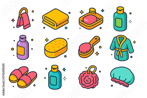 Bath Accessories Icons. Bath Accessories. Colorful isometric vector icons set of Bath Accessories: towel loop, bath towel, soap dish, shampoo bottle,