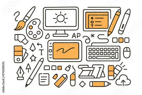 Digital Art Essentials. Creative Digital Art. Hand-drawn doodle illustration creative digital art tablet (accented), stylus (accented), computer monitor,